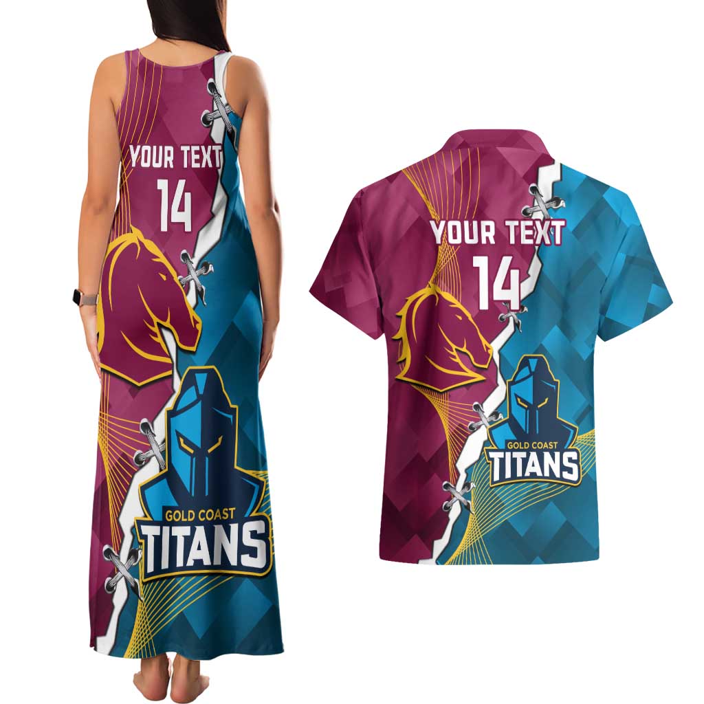 Custom Broncos And Titans Rugby 2024 Couples Matching Tank Maxi Dress and Hawaiian Shirt Dynamic Style