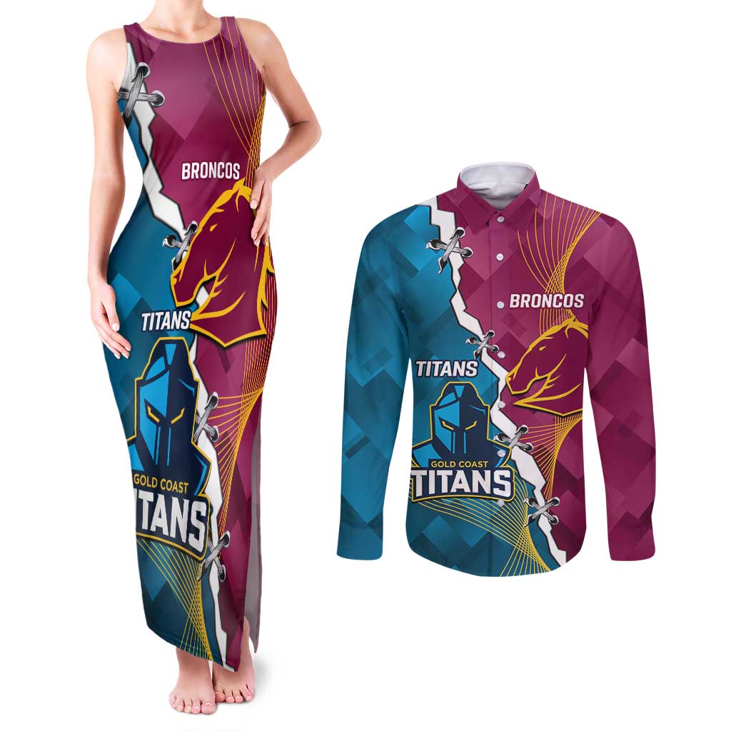 Custom Broncos And Titans Rugby 2024 Couples Matching Tank Maxi Dress and Long Sleeve Button Shirt Dynamic Style