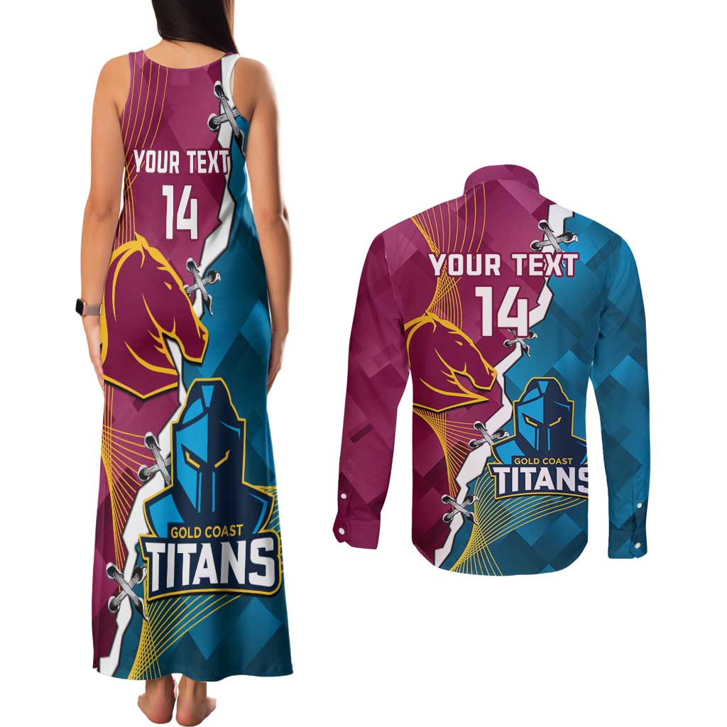 Custom Broncos And Titans Rugby 2024 Couples Matching Tank Maxi Dress and Long Sleeve Button Shirt Dynamic Style