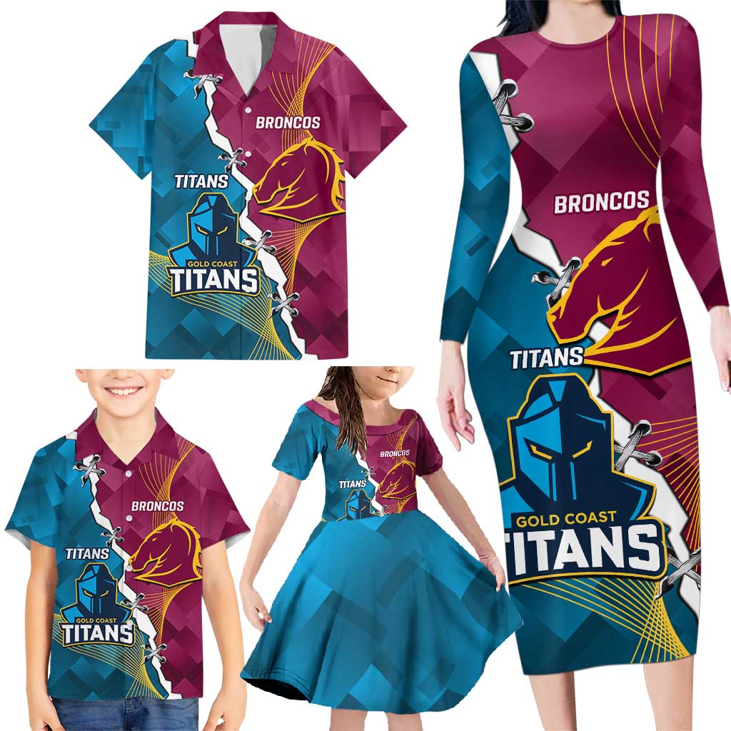 Custom Broncos And Titans Rugby 2024 Family Matching Long Sleeve Bodycon Dress and Hawaiian Shirt Dynamic Style