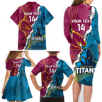 Custom Broncos And Titans Rugby 2024 Family Matching Long Sleeve Bodycon Dress and Hawaiian Shirt Dynamic Style