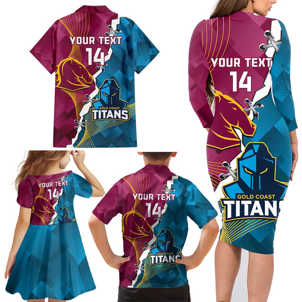 Custom Broncos And Titans Rugby 2024 Family Matching Long Sleeve Bodycon Dress and Hawaiian Shirt Dynamic Style