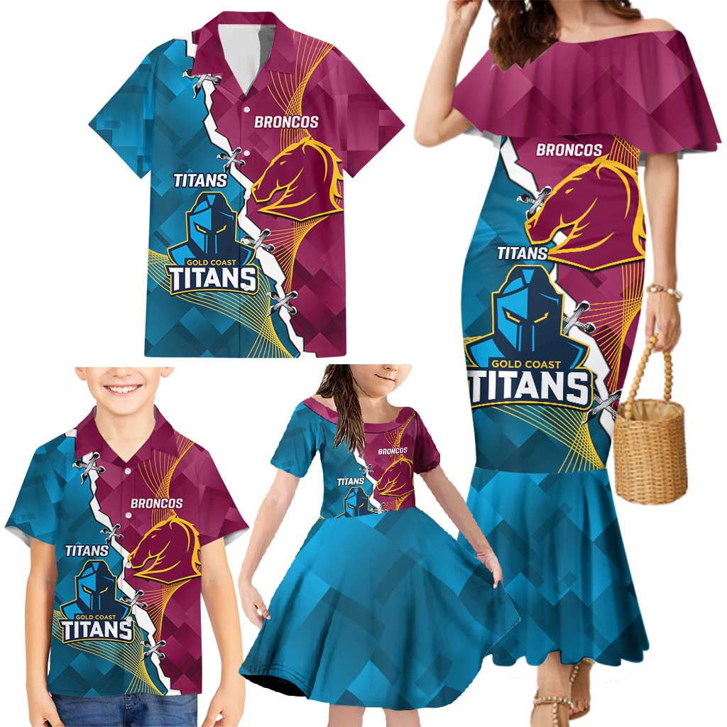 Custom Broncos And Titans Rugby 2024 Family Matching Mermaid Dress and Hawaiian Shirt Dynamic Style