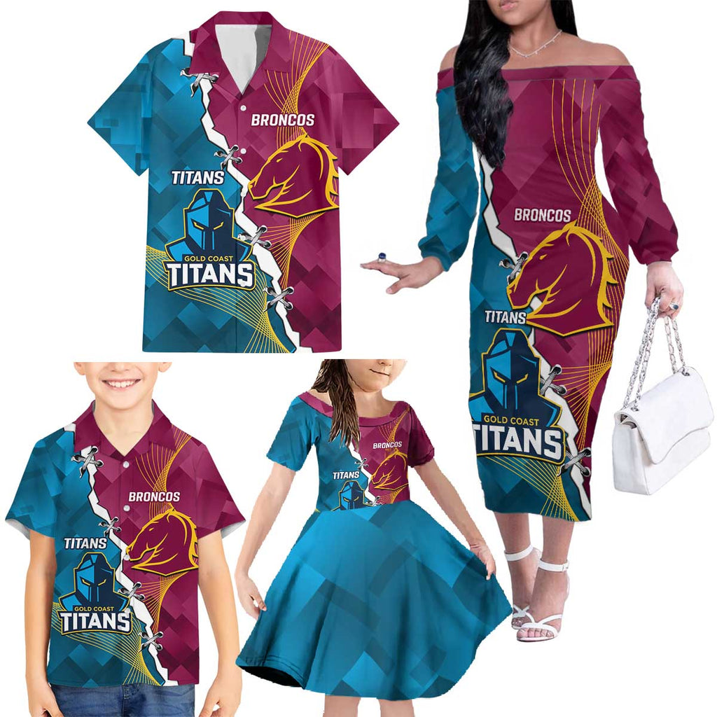 Custom Broncos And Titans Rugby 2024 Family Matching Off The Shoulder Long Sleeve Dress and Hawaiian Shirt Dynamic Style