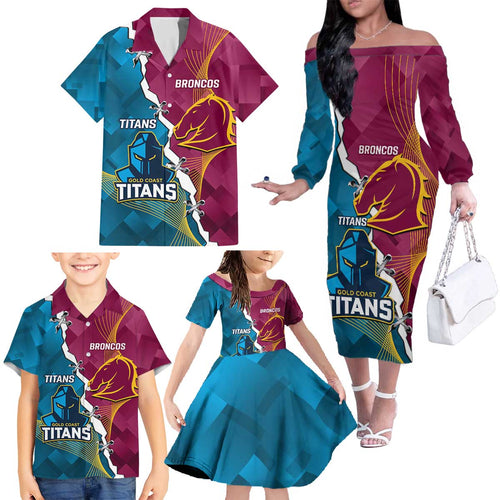 Custom Broncos And Titans Rugby 2024 Family Matching Off The Shoulder Long Sleeve Dress and Hawaiian Shirt Dynamic Style
