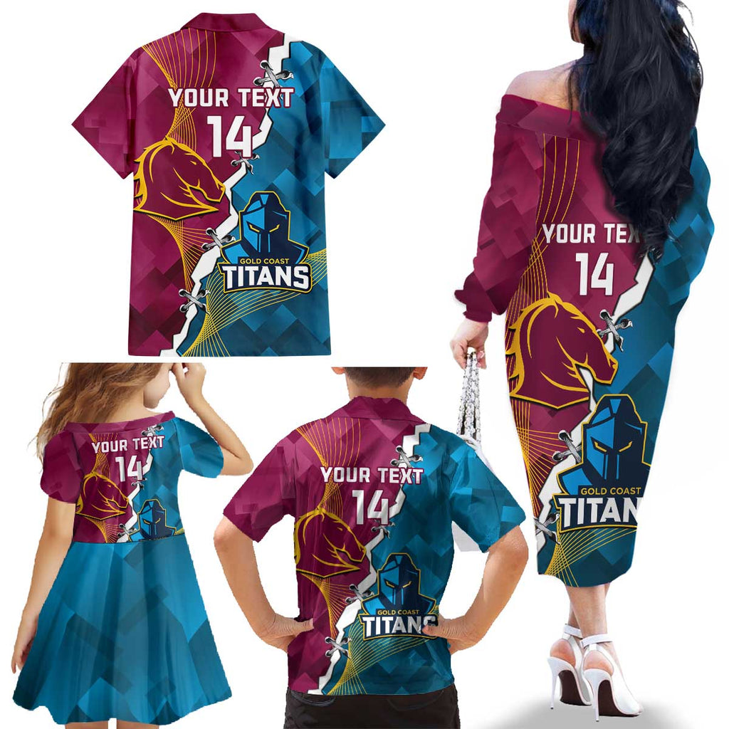 Custom Broncos And Titans Rugby 2024 Family Matching Off The Shoulder Long Sleeve Dress and Hawaiian Shirt Dynamic Style