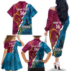 Custom Broncos And Titans Rugby 2024 Family Matching Off The Shoulder Long Sleeve Dress and Hawaiian Shirt Dynamic Style
