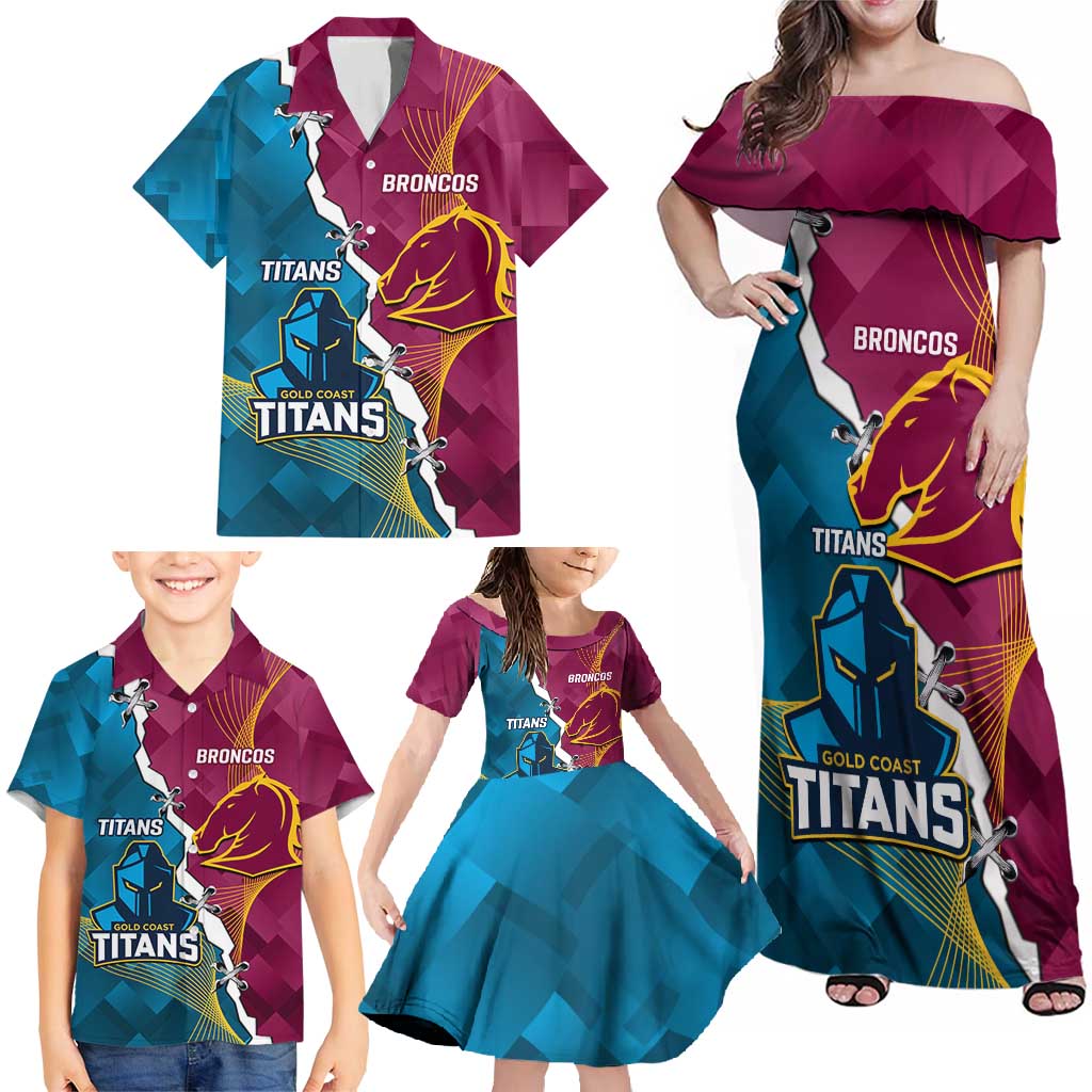 Custom Broncos And Titans Rugby 2024 Family Matching Off Shoulder Maxi Dress and Hawaiian Shirt Dynamic Style