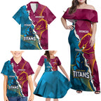 Custom Broncos And Titans Rugby 2024 Family Matching Off Shoulder Maxi Dress and Hawaiian Shirt Dynamic Style