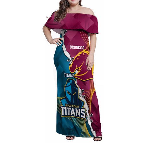 Custom Broncos And Titans Rugby 2024 Family Matching Off Shoulder Maxi Dress and Hawaiian Shirt Dynamic Style