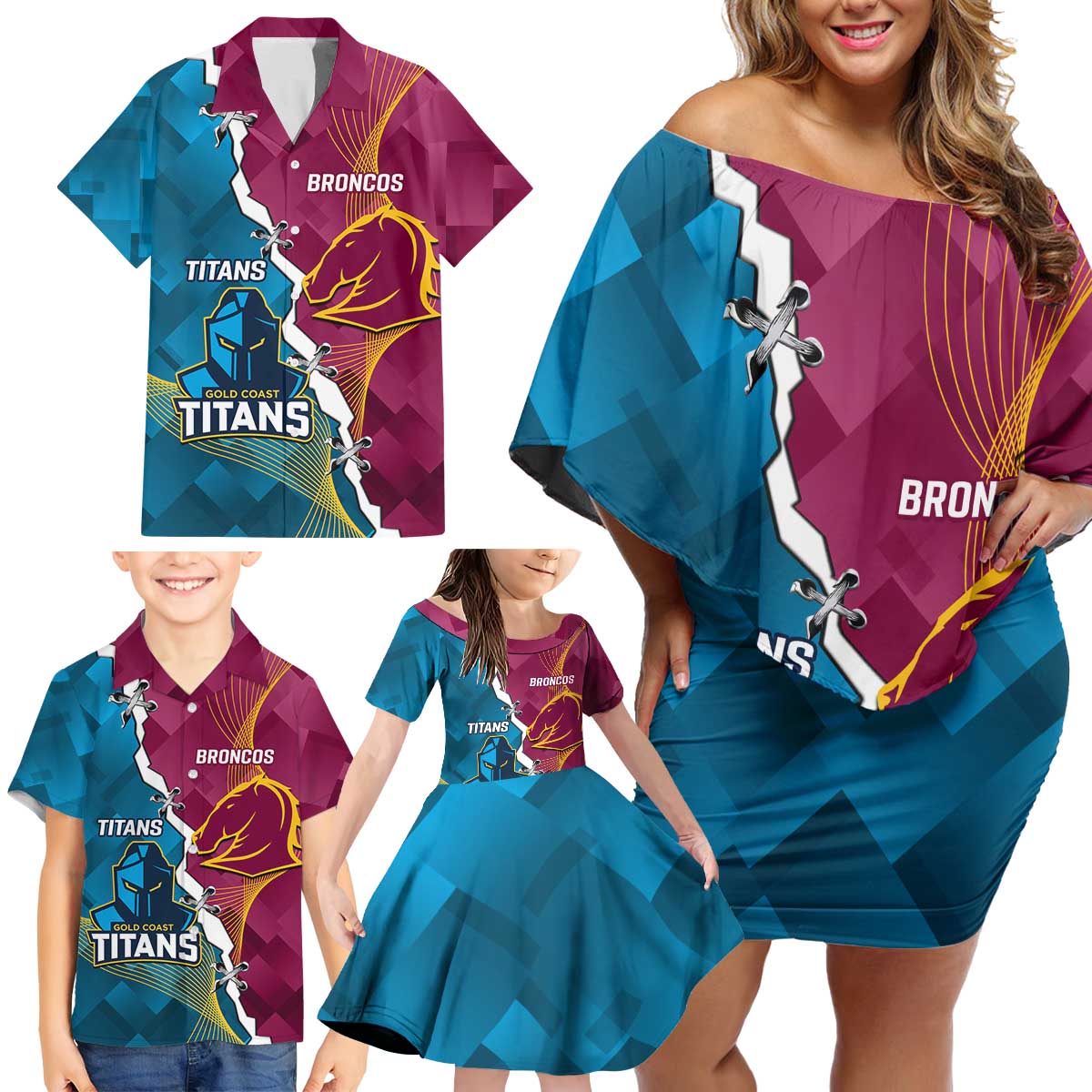 Custom Broncos And Titans Rugby 2024 Family Matching Off Shoulder Short Dress and Hawaiian Shirt Dynamic Style