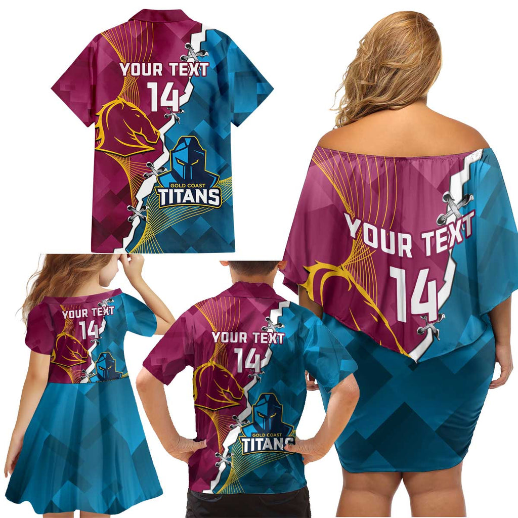 Custom Broncos And Titans Rugby 2024 Family Matching Off Shoulder Short Dress and Hawaiian Shirt Dynamic Style