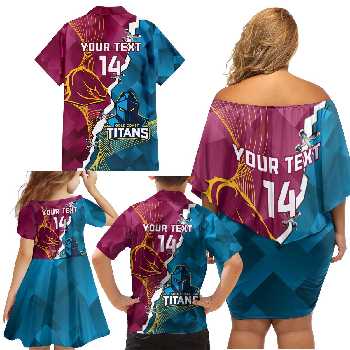 Custom Broncos And Titans Rugby 2024 Family Matching Off Shoulder Short Dress and Hawaiian Shirt Dynamic Style