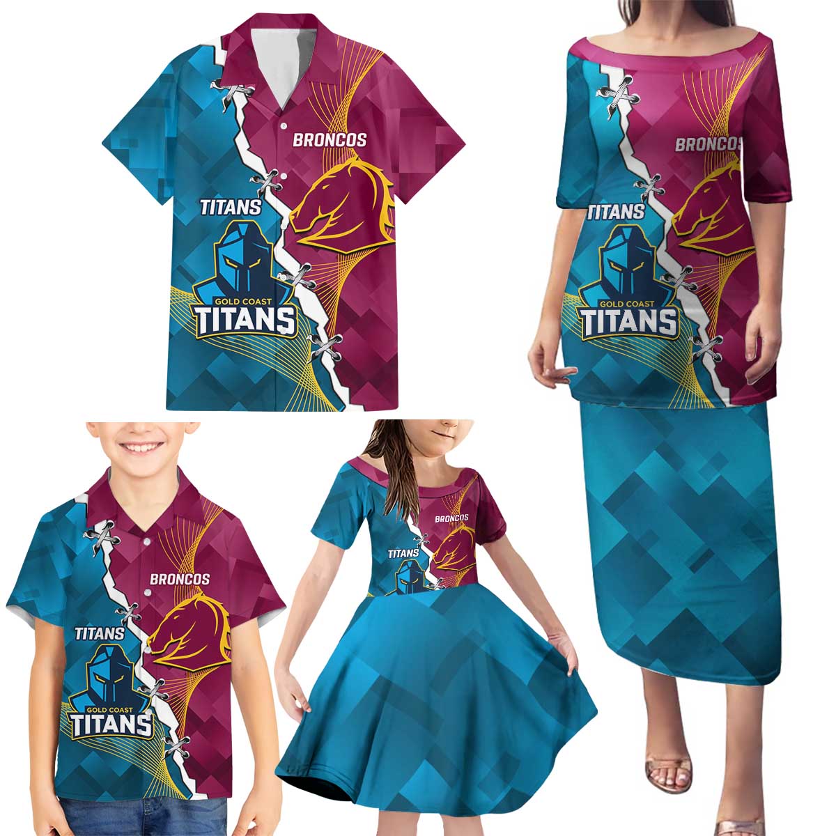 Custom Broncos And Titans Rugby 2024 Family Matching Puletasi and Hawaiian Shirt Dynamic Style