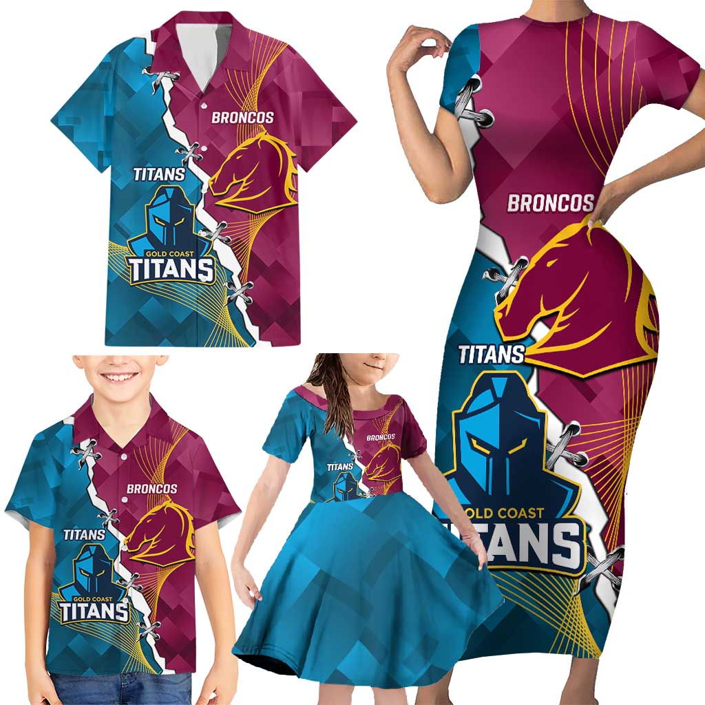 Custom Broncos And Titans Rugby 2024 Family Matching Short Sleeve Bodycon Dress and Hawaiian Shirt Dynamic Style