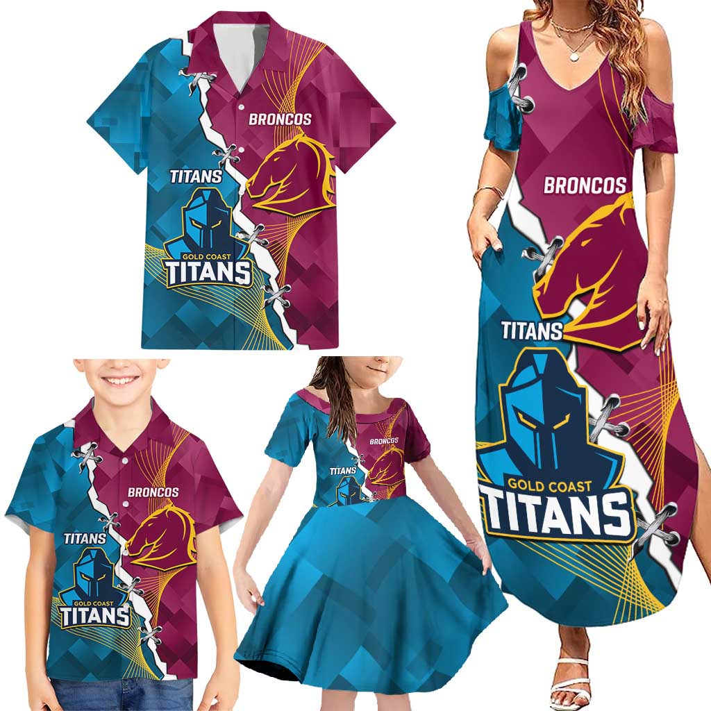 Custom Broncos And Titans Rugby 2024 Family Matching Summer Maxi Dress and Hawaiian Shirt Dynamic Style
