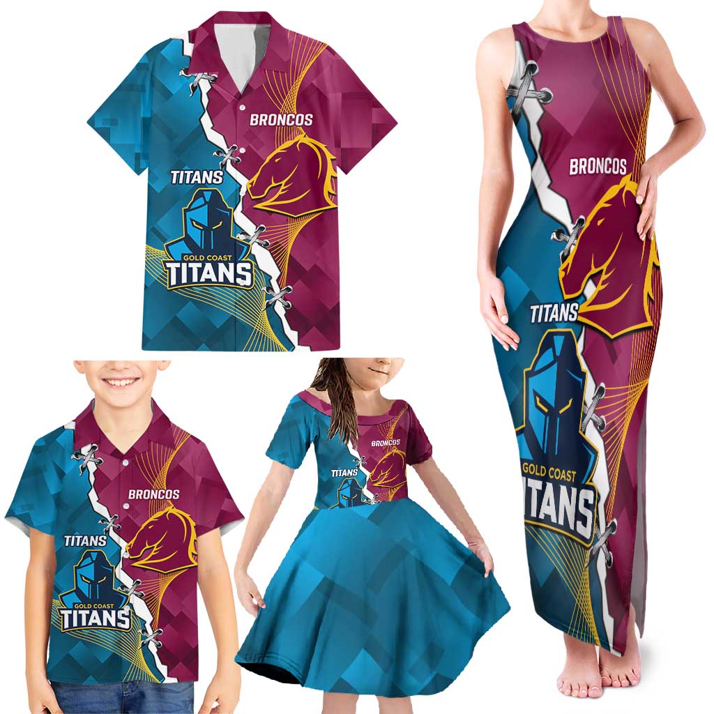 Custom Broncos And Titans Rugby 2024 Family Matching Tank Maxi Dress and Hawaiian Shirt Dynamic Style