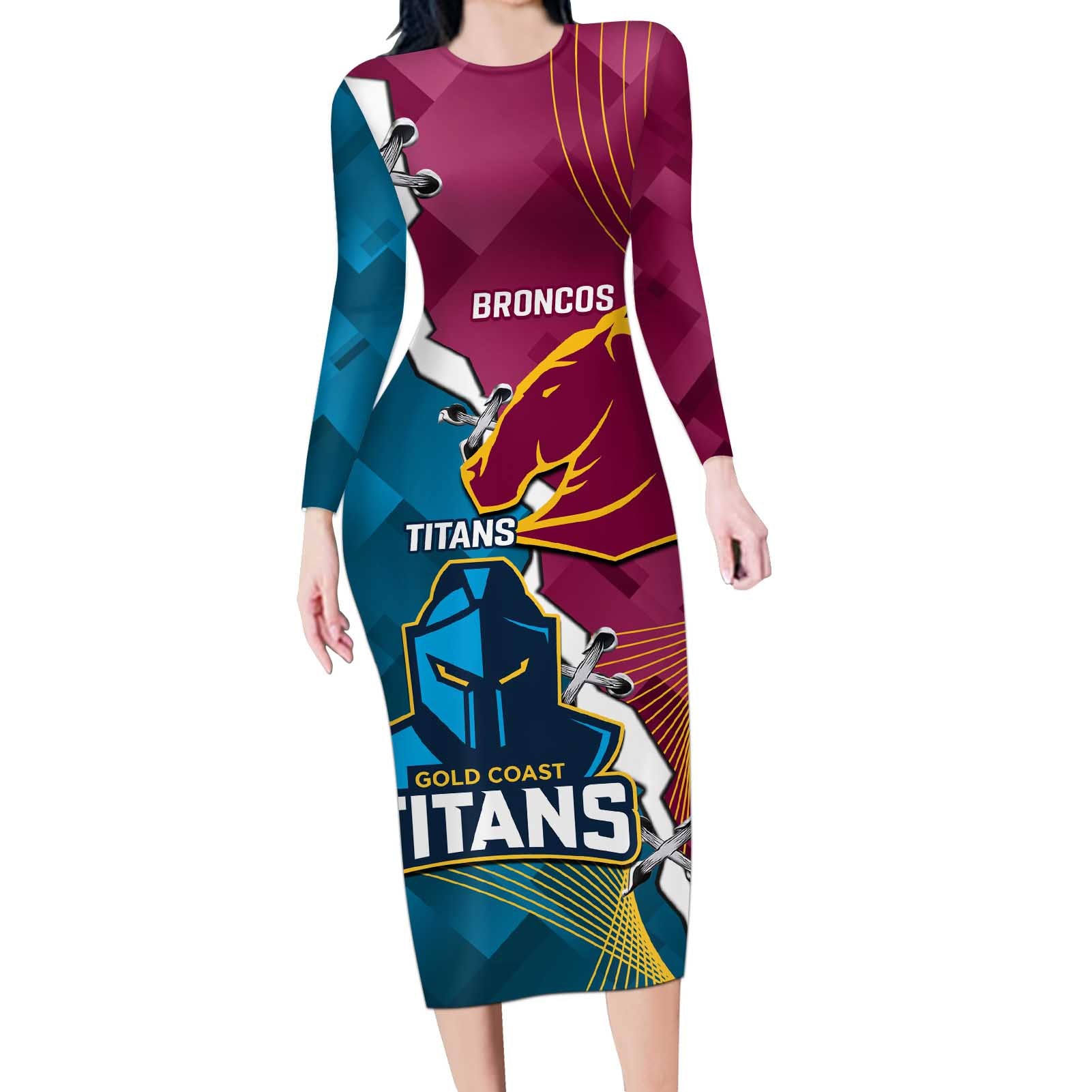 Custom Broncos And Titans Rugby 2024 Long Sleeve Bodycon Dress Dynamic Style