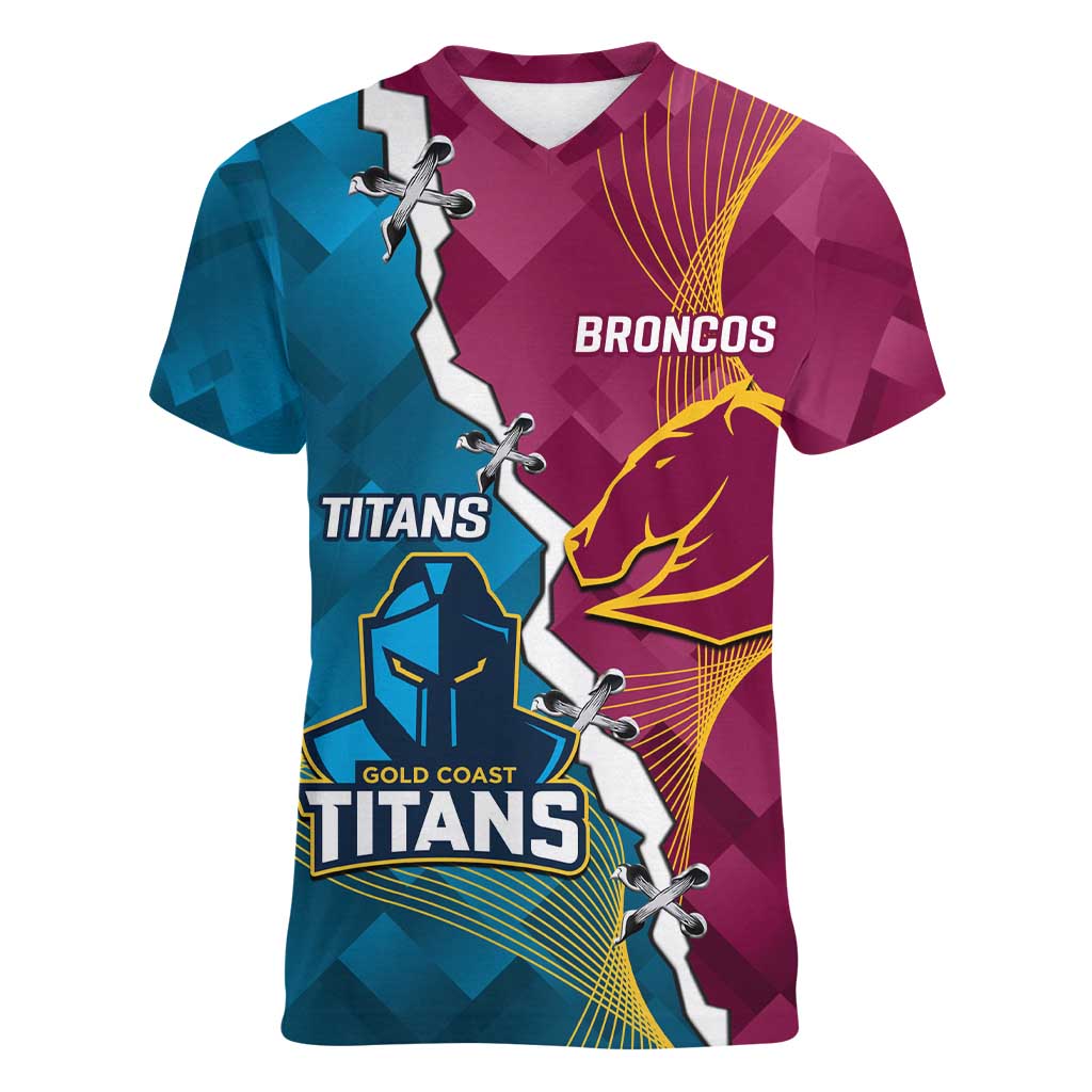 Custom Broncos And Titans Rugby 2024 Women V-Neck T-Shirt Dynamic Style