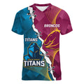 Custom Broncos And Titans Rugby 2024 Women V-Neck T-Shirt Dynamic Style