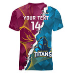 Custom Broncos And Titans Rugby 2024 Women V-Neck T-Shirt Dynamic Style