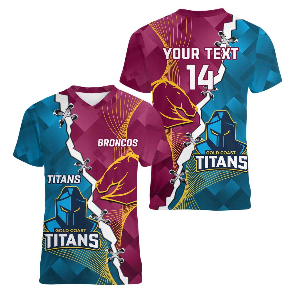Custom Broncos And Titans Rugby 2024 Women V-Neck T-Shirt Dynamic Style