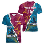 Custom Broncos And Titans Rugby 2024 Women V-Neck T-Shirt Dynamic Style