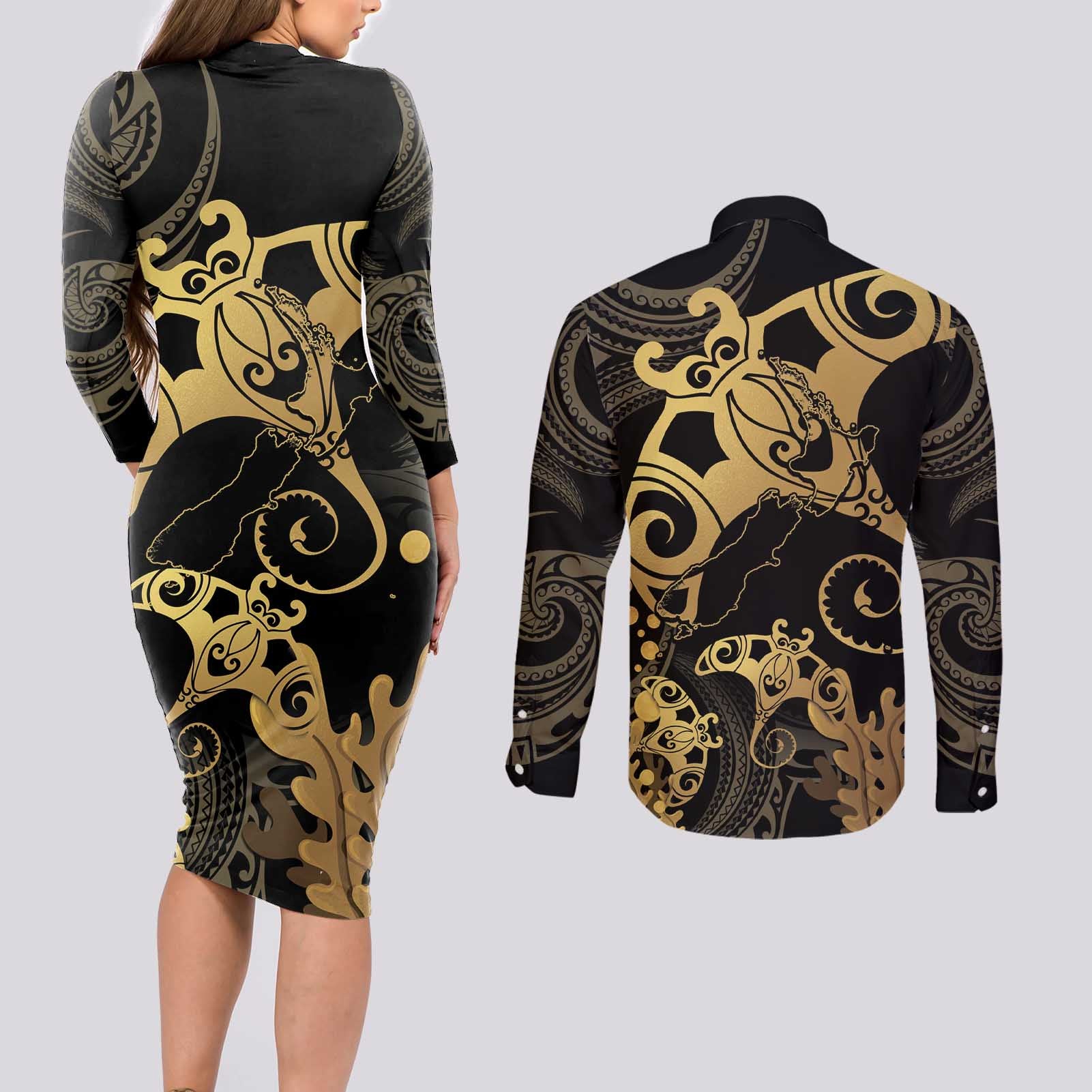 Black And Gold Aotearoa Whai Couples Matching Long Sleeve Bodycon Dress and Long Sleeve Button Shirt NZ Stingrays Maori Curves Style