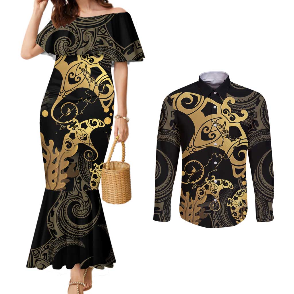 Black And Gold Aotearoa Whai Couples Matching Mermaid Dress and Long Sleeve Button Shirt NZ Stingrays Maori Curves Style