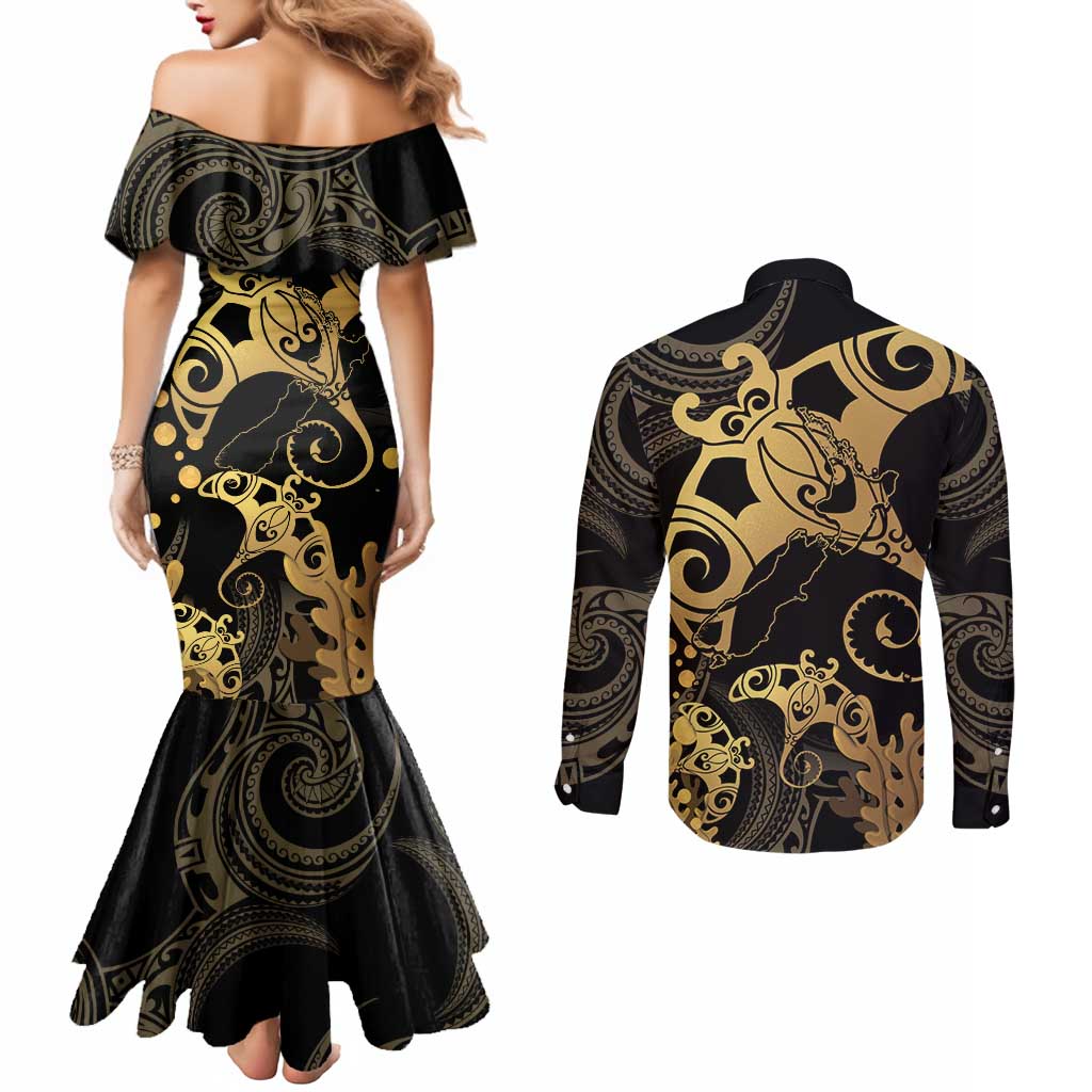 Black And Gold Aotearoa Whai Couples Matching Mermaid Dress and Long Sleeve Button Shirt NZ Stingrays Maori Curves Style