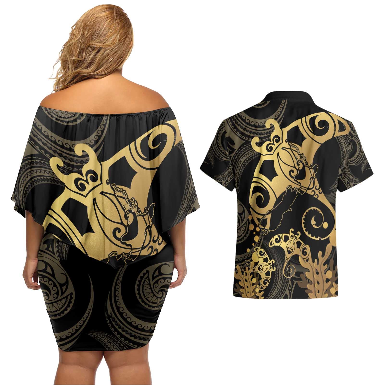 Black And Gold Aotearoa Whai Couples Matching Off Shoulder Short Dress and Hawaiian Shirt NZ Stingrays Maori Curves Style