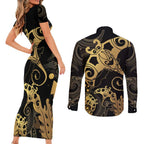Black And Gold Aotearoa Whai Couples Matching Short Sleeve Bodycon Dress and Long Sleeve Button Shirt NZ Stingrays Maori Curves Style