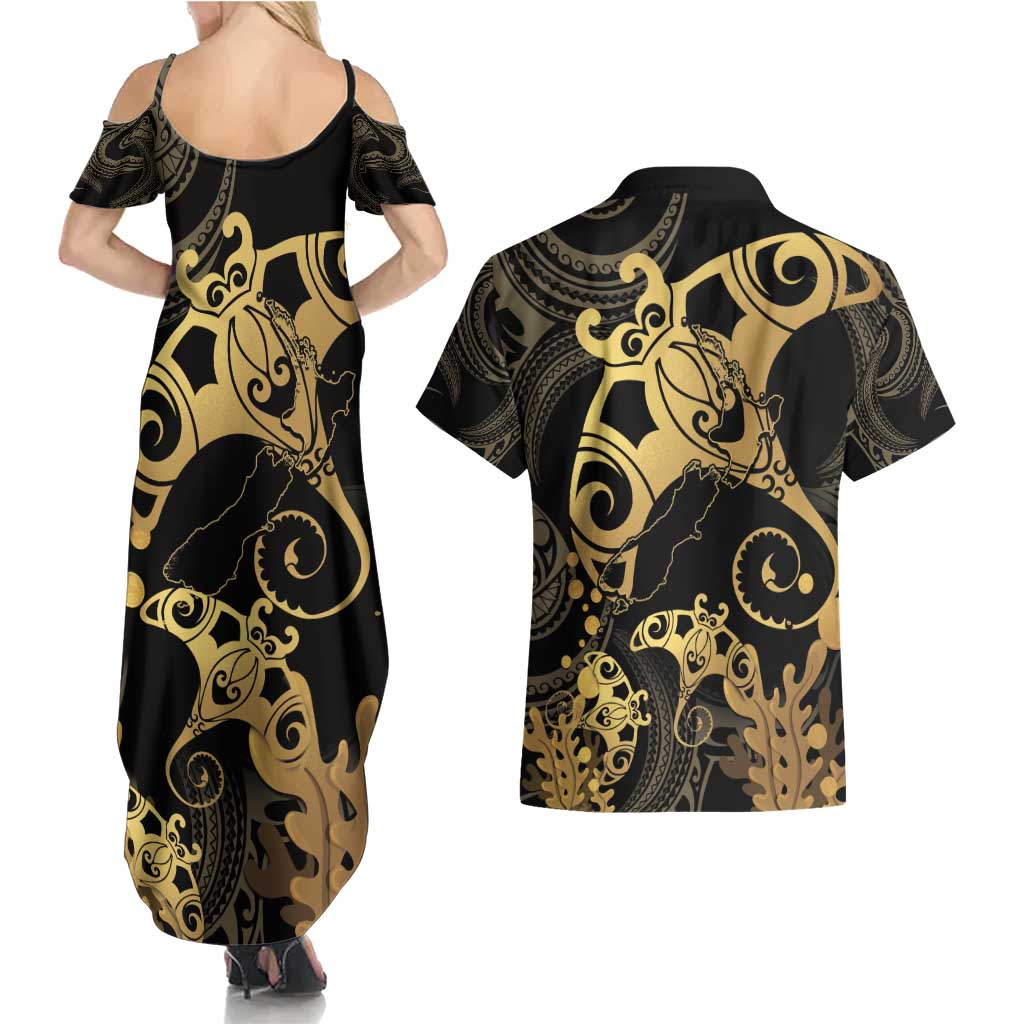 Black And Gold Aotearoa Whai Couples Matching Summer Maxi Dress and Hawaiian Shirt NZ Stingrays Maori Curves Style