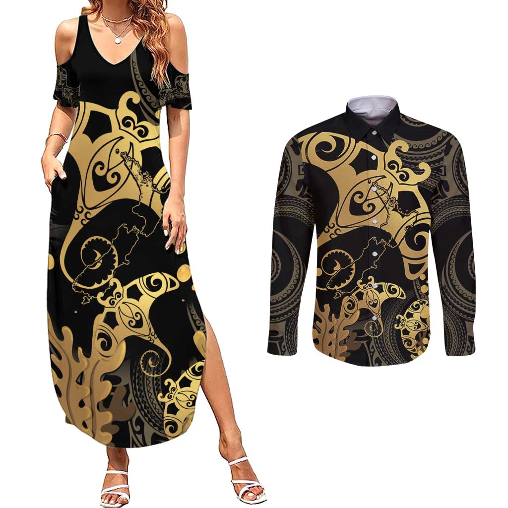 Black And Gold Aotearoa Whai Couples Matching Summer Maxi Dress and Long Sleeve Button Shirt NZ Stingrays Maori Curves Style