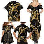 Black And Gold Aotearoa Whai Family Matching Summer Maxi Dress and Hawaiian Shirt NZ Stingrays Maori Curves Style