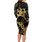 Black And Gold Aotearoa Whai Long Sleeve Bodycon Dress NZ Stingrays Maori Curves Style