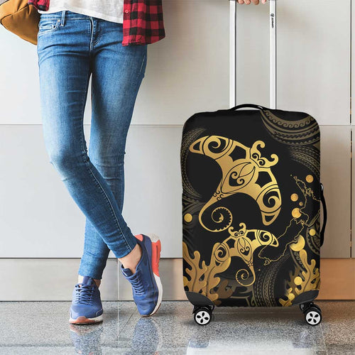Black And Gold Aotearoa Whai Luggage Cover NZ Stingrays Maori Curves Style