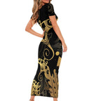 Black And Gold Aotearoa Whai Short Sleeve Bodycon Dress NZ Stingrays Maori Curves Style
