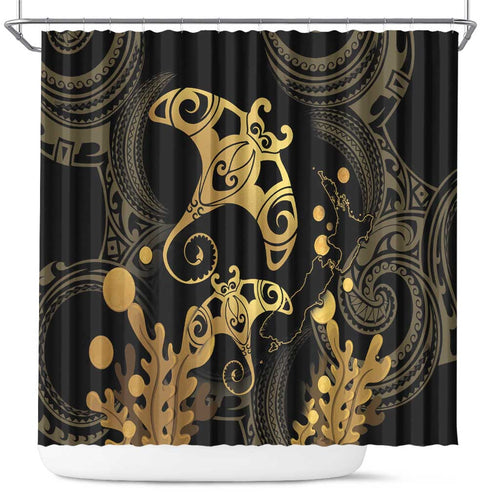 Black And Gold Aotearoa Whai Shower Curtain NZ Stingrays Maori Curves Style