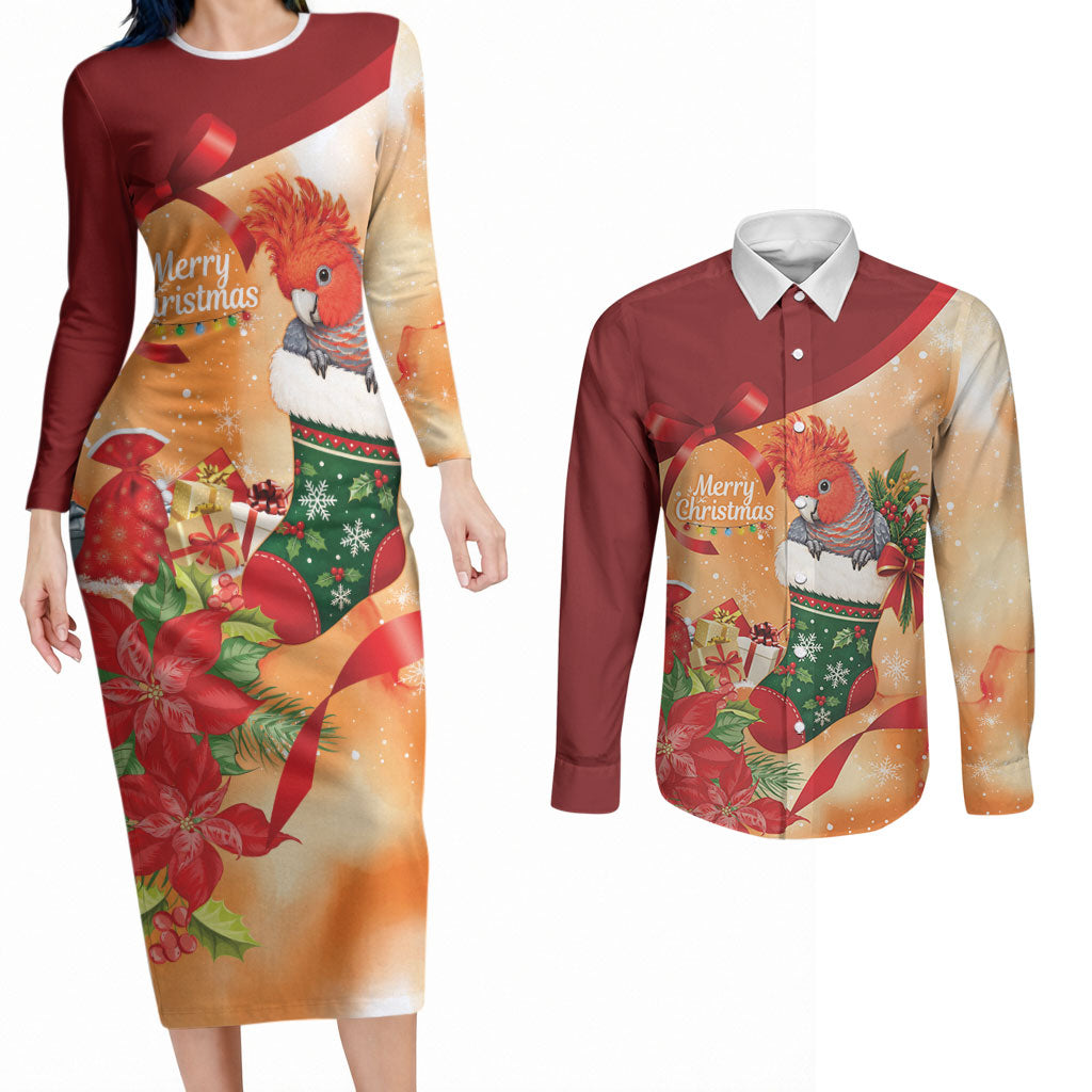 Gang-gang Cockatoo Christmas Australia Couples Matching Long Sleeve Bodycon Dress and Long Sleeve Button Shirt Aussie Xmas Sock Coquette Bow