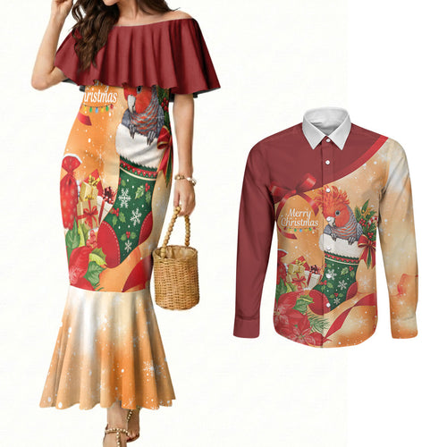 Gang-gang Cockatoo Christmas Australia Couples Matching Mermaid Dress and Long Sleeve Button Shirt Aussie Xmas Sock Coquette Bow