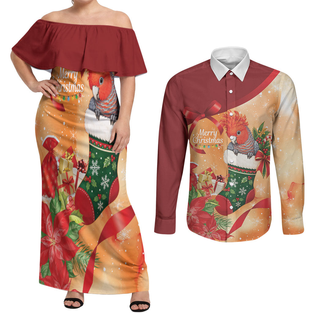Gang-gang Cockatoo Christmas Australia Couples Matching Off Shoulder Maxi Dress and Long Sleeve Button Shirt Aussie Xmas Sock Coquette Bow