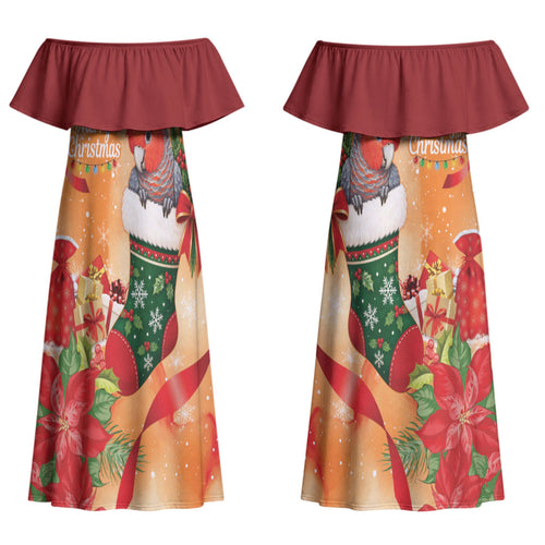 Gang-gang Cockatoo Christmas Australia Couples Matching Off Shoulder Maxi Dress and Long Sleeve Button Shirt Aussie Xmas Sock Coquette Bow