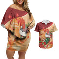 Gang-gang Cockatoo Christmas Australia Couples Matching Off Shoulder Short Dress and Hawaiian Shirt Aussie Xmas Sock Coquette Bow
