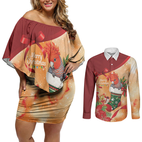 Gang-gang Cockatoo Christmas Australia Couples Matching Off Shoulder Short Dress and Long Sleeve Button Shirt Aussie Xmas Sock Coquette Bow