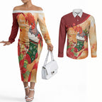 Gang-gang Cockatoo Christmas Australia Couples Matching Off The Shoulder Long Sleeve Dress and Long Sleeve Button Shirt Aussie Xmas Sock Coquette Bow