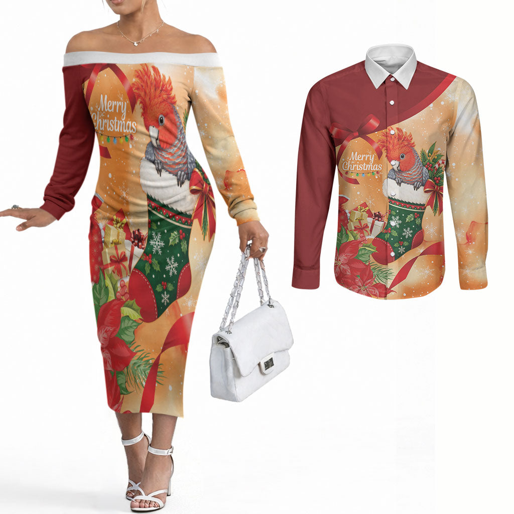 Gang-gang Cockatoo Christmas Australia Couples Matching Off The Shoulder Long Sleeve Dress and Long Sleeve Button Shirt Aussie Xmas Sock Coquette Bow