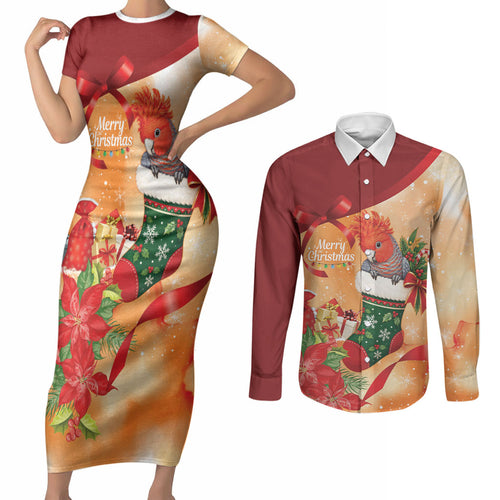 Gang-gang Cockatoo Christmas Australia Couples Matching Short Sleeve Bodycon Dress and Long Sleeve Button Shirt Aussie Xmas Sock Coquette Bow