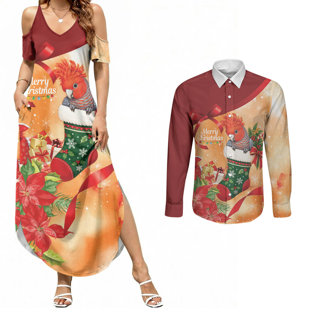 Gang-gang Cockatoo Christmas Australia Couples Matching Summer Maxi Dress and Long Sleeve Button Shirt Aussie Xmas Sock Coquette Bow