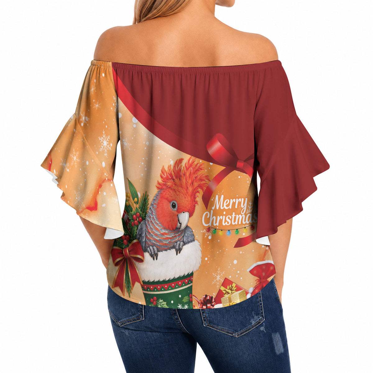 Gang-gang Cockatoo Christmas Australia Off Shoulder Wrap Waist Top Aussie Xmas Sock Coquette Bow